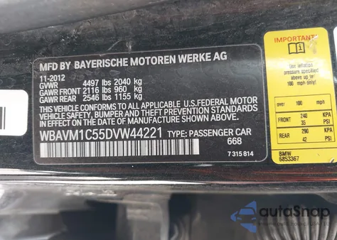 2013 BMW X1 Sdrive28I из США, поврежденный, VIN WBAVM1C55DVW44221